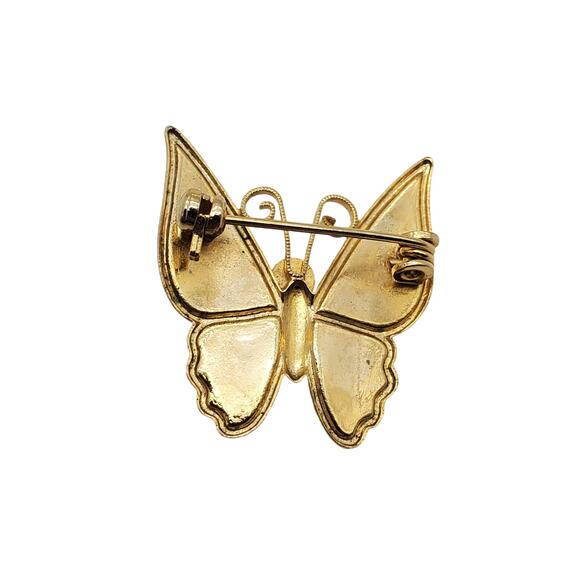 Pink & Tan Enamel Butterfly Brooch Vintage Faux Pearl Gold Tone Small Pin - Picture 3 of 3